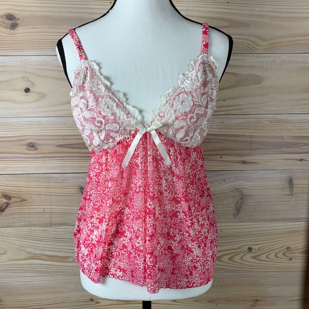 Cabernet Babydoll Camisole Women Large Pink‎ Floral Lace Sheer Mesh Lingerie